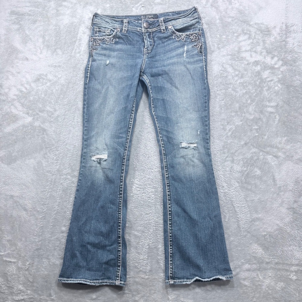 Silver Jeans Co Suki Flap Bootcut Jeans‎ Womens 30x30 Blue Distressed Beaded
